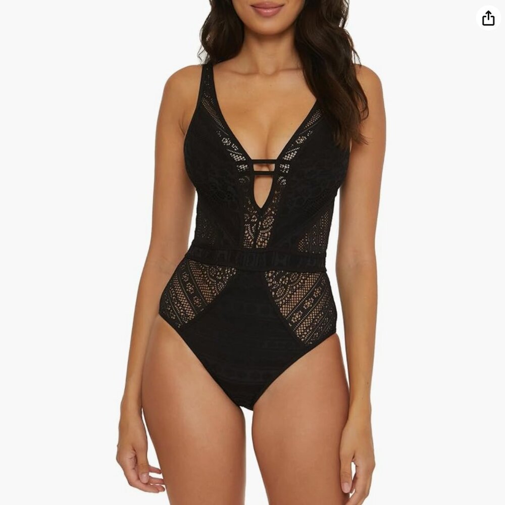 NWT BECCA Black One Piece Crochet Swimsuit "Show & Tell" Plunge Neck Size Medium
